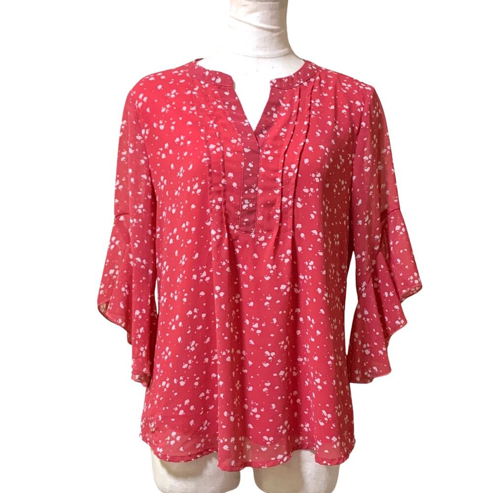 Timeson Women's Small Coral Pink Speckled Print Lined Bell Sleeve Blouse Tunic